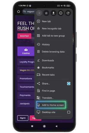 Vegas Now app Add to home screen
